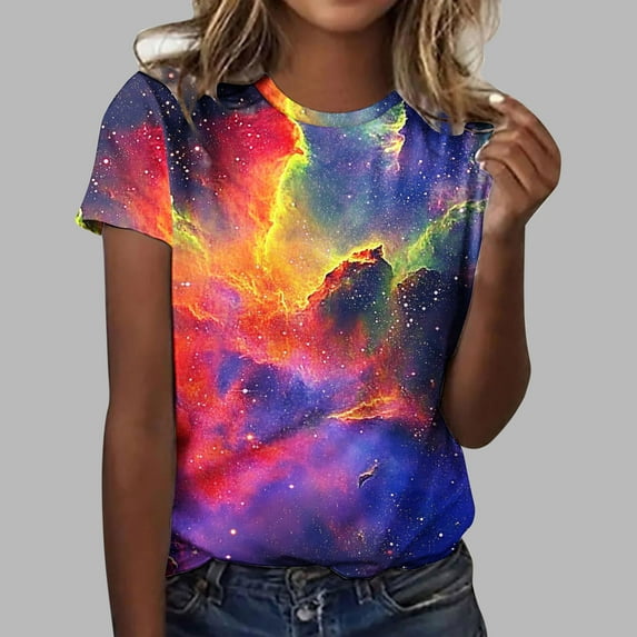 UPPADA Womens Summer Tops Graphic Print Crewneck Tees Casual Short Sleeve Shirts Loose Fit Pullover Tops Fashion Vacation Beach Blouses Multicolor,L