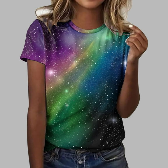 UPPADA Womens Summer Tops Graphic Print Crewneck Tees Casual Short Sleeve Shirts Loose Fit Pullover Tops Fashion Vacation Beach Blouses Multicolor,S