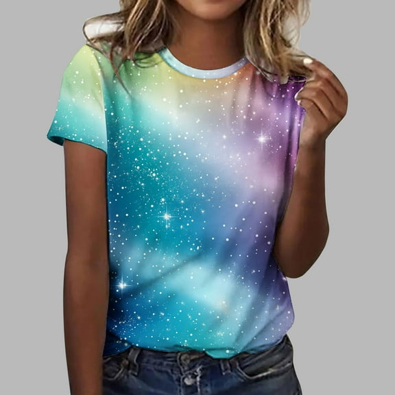 UPPADA Womens Summer Tops Graphic Print Crewneck Tees Casual Short Sleeve Shirts Loose Fit Pullover Tops Fashion Vacation Beach Blouses Multicolor,S