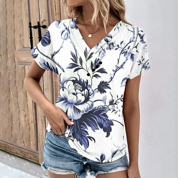 UPPADA Womens Summer Tops Short Sleeve Casual Shirts V Neck Button Front Blouses Floral Print Tee Trendy Basics Tshirt Blue,L