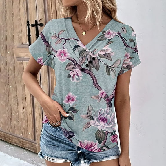 UPPADA Womens Summer Tops Short Sleeve Casual Shirts V Neck Button Front Blouses Floral Print Tee Trendy Basics Tshirt Blue,S
