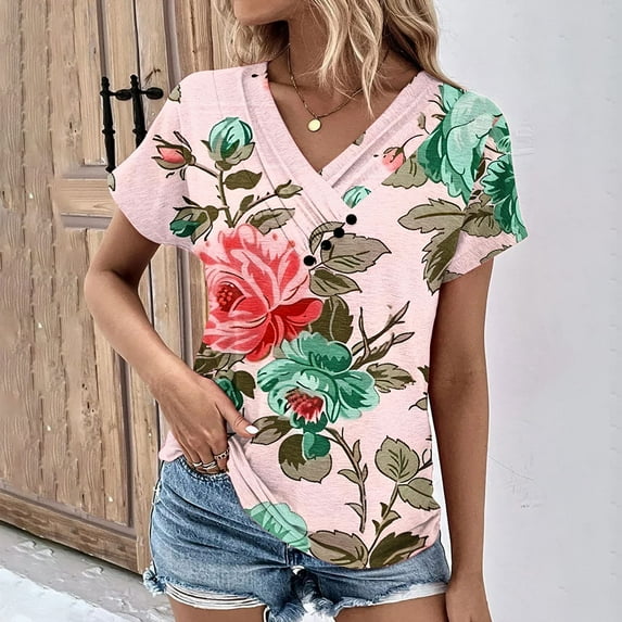 UPPADA Womens Summer Tops Short Sleeve Casual Shirts V Neck Button Front Blouses Floral Print Tee Trendy Basics Tshirt Pink,XL