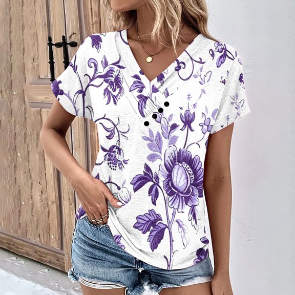 UPPADA Womens Summer Tops Short Sleeve Casual Shirts V Neck Button Front Blouses Floral Print Tee Trendy Basics Tshirt Purple,L