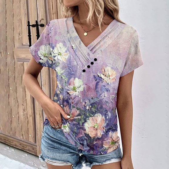UPPADA Womens Summer Tops Short Sleeve Casual Shirts V Neck Button Front Blouses Floral Print Tee Trendy Basics Tshirt Yellow,S