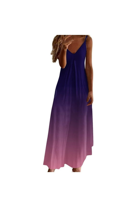 Womens Summer V Neck Dress Spaghetti Strap Maxi Dress Vintage Floral Print Loose Fit Dress Pleated Boho Beach Sundress Cheap Dresses for Women Dark Blue,M