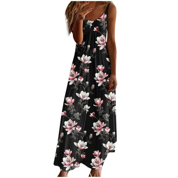 UPPADA Womens Summer V Neck Dress Spaghetti Strap Maxi Dress Vintage Floral Print Loose Fit Dress Pleated Boho Beach Sundress Items Multicolor,XXL