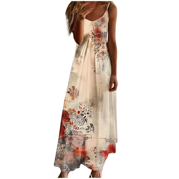 UPPADA Womens Summer V Neck Dress Spaghetti Strap Maxi Dress Vintage Floral Print Loose Fit Dress Pleated Boho Beach Sundress Plus Size Dresses Multicolor,XL