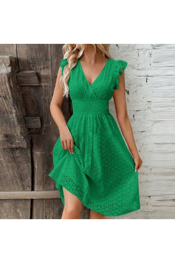 Womens Summer V-Neck Ruffle Cap Sleeve Dress Casual Shift Mini Dress Summer Dresses A Line Smock Short Dress Green,L