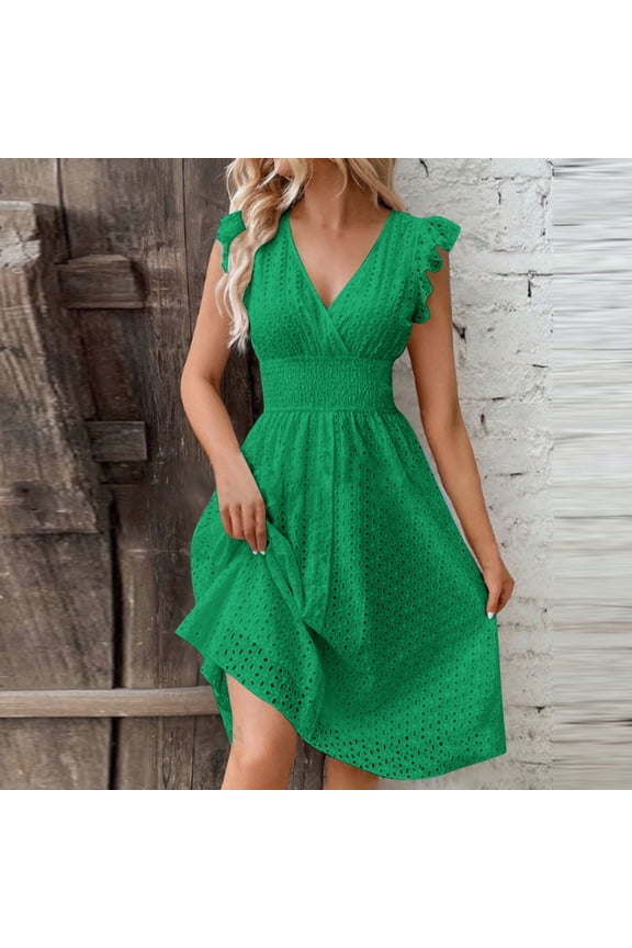 Womens Summer V-Neck Ruffle Cap Sleeve Dress Casual Shift Mini Dress Summer Dresses A Line Smock Short Dress Green,S