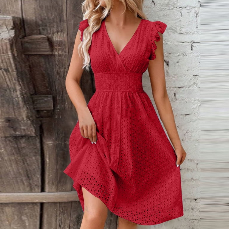 Uppada Womens Summer V-Neck Ruffle Cap Sleeve Dress Casual Shift Mini Dress Summer Dresses A Line Smock Short Dress Red,M