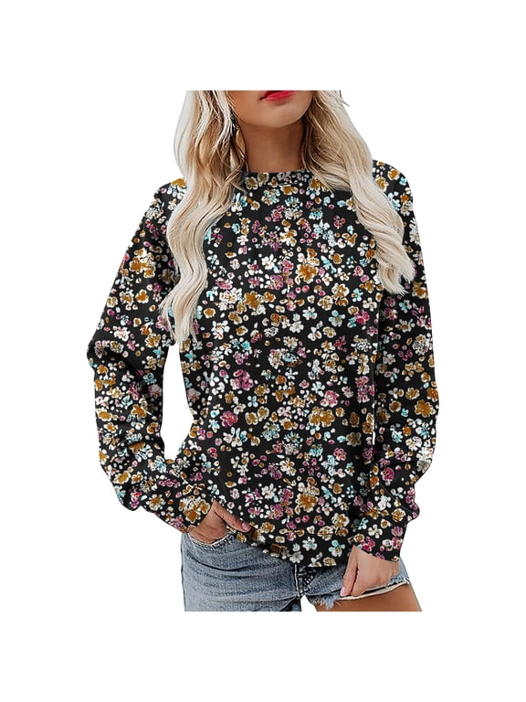 Womens Sweatshirt Crewneck Long Sleeve Shirts Loose Fit Pleated Front Tops Trendy Fall Fashion Elegant Ladies Sweatshirt Black,S