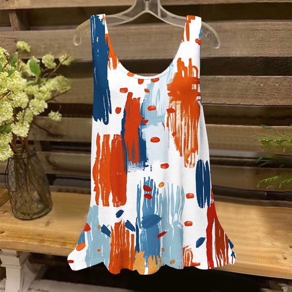 UPPADA Womens Tank Tops Summer Casual Crew Neck Sleeveless Top Floral Print Tees Loose Fit Basic Tunic Shirts Pleated Flowy Blouses Orange,L