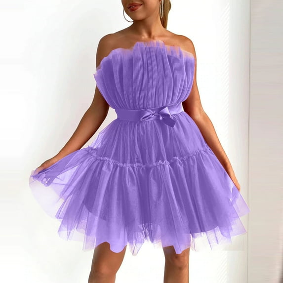 UPPADA Womens Tulle Dress Short Puffy Prom Dress Sleeveless Wrap Dress Fluffy Dress with Bow Tie Strapless Mesh Birthday Fairy Dresses Cocktail Party Gown Holi