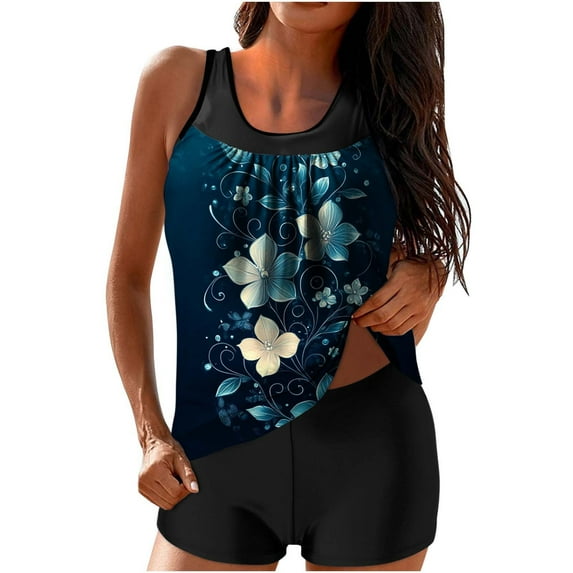 UPPADA Womens Tummy Control Tankini Bathing Suits Cute Floral Print Tankini Swimsuits Two Piece Ruched Swimsuits Sleeveless Swim Tops and Swim Shorts Multicolor Swim Suits for Women,S