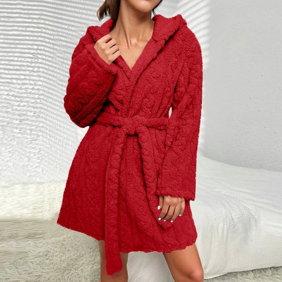 UPPADA Womens Twist Fleece Robes Hooded Soft Warm Bath Robe Fuzzy Fall Winter Women's Jackets Bathrobe for Gifts Red,S Women Winter Coat with Hoodie Winter