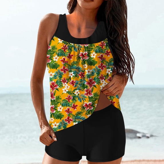 UPPADA Womens Two Piece Bathing Suit 2025 Modest High Waist Swimwear Elastic Floral Swimsuit with Shorts Tummy Control Sporty Beachwear Mom Swim Suits for Women 2025 Yellow,2xl