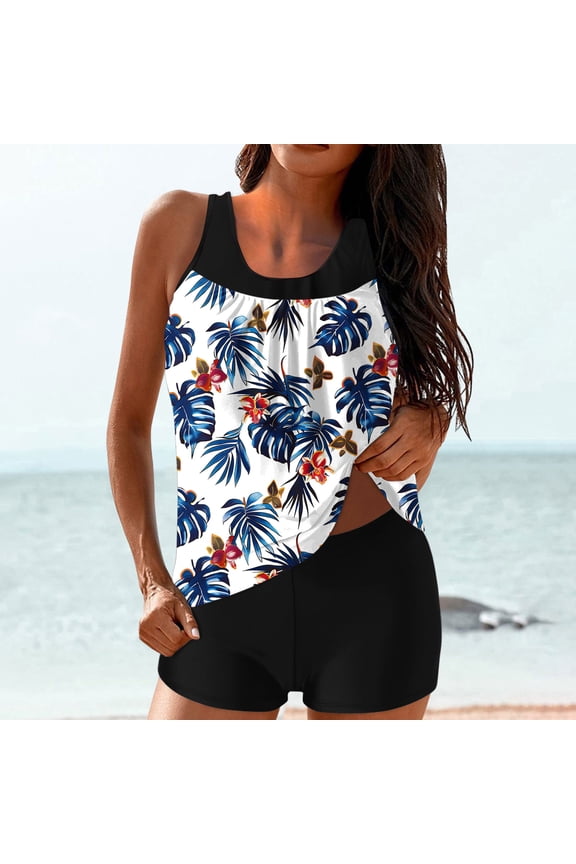 Womens Two Piece Bathing Suit 2025 Modest High Waist Swimwear Elastic Floral Swimsuit with Shorts Tummy Control Sporty Beachwear Salidas De BañO Para Mujeres De Playa White,Xl