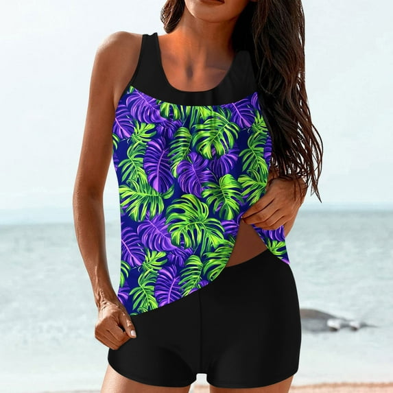 UPPADA Womens Two Piece Bathing Suit 2025 Modest High Waist Swimwear Elastic Floral Swimsuit with Shorts Tummy Control Sporty Beachwear Swim Suit High Waisted Two Piece Purple,2xl