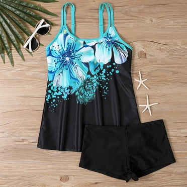 UPPADA Womens Two Piece Bathing Suit Floral Print Swimsuits Comfy Tankini Top with Shorts Casual Holiday Swimwears Swimsuits for Older Women Clearance,Black,L