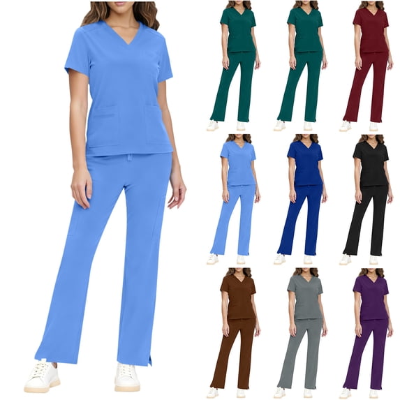 UPPADA Womens Two Piece Scrub Set V Neck Short Sleeve Scrub Top and Flare Leg Scrub Pants with Multi Pocket Anti Wrinkle Uniform for Nurse Caregiver Black,L