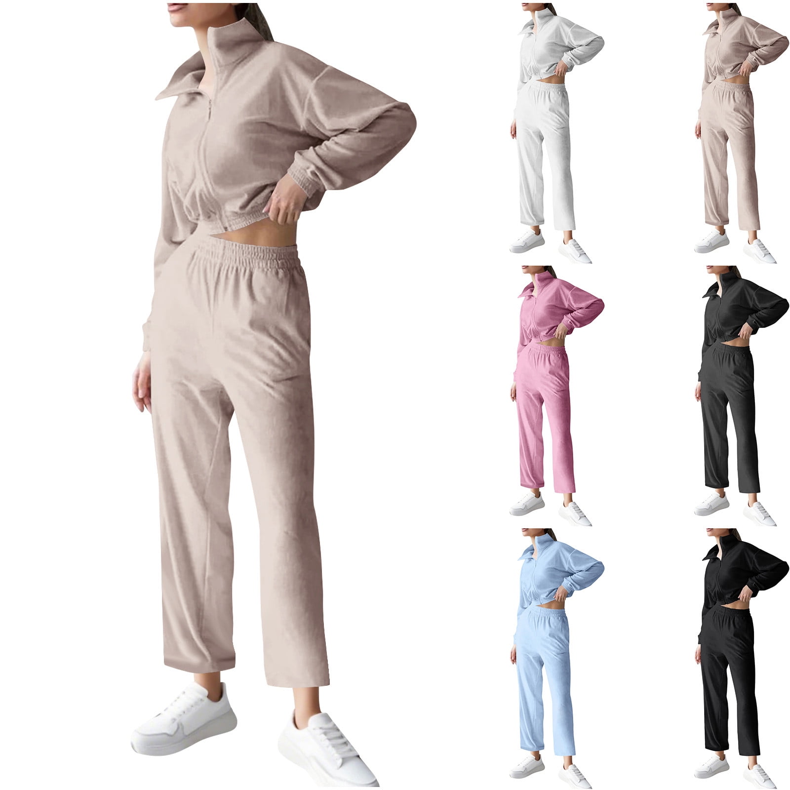 UPPADA Womens Two Piece Sweatshirts Set 2 Piece Long Sleeve Zip Up Tops Casual Loose Pant Outfits Set Ladies 2 Piece Pants Sets Casual Spring Lounge Set Beige,M