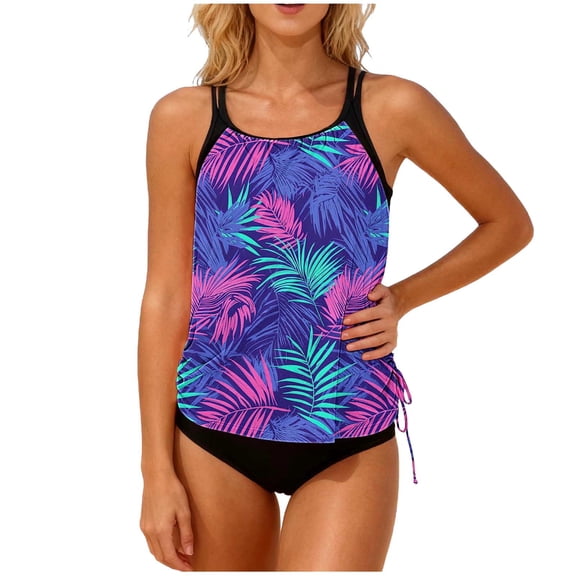 UPPADA Womens Two Piece Tankini Bathing Suits Trendy Sleeveless Tank Tops and Bottom 2 Piece Bathing Suits Casual Swimwear Floral Print Swimsuits Hot Pink Swim Suits for Women,L