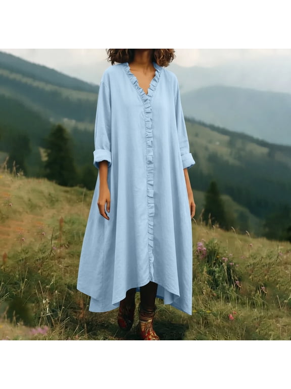 Womens V Neck Maxi Dress Cotton Linen Casual Dress Summer 3/4 Sleeves Loose Fit Beach Dress Asymmetric Hem Loose Fit Vacation Dress Light Blue,M