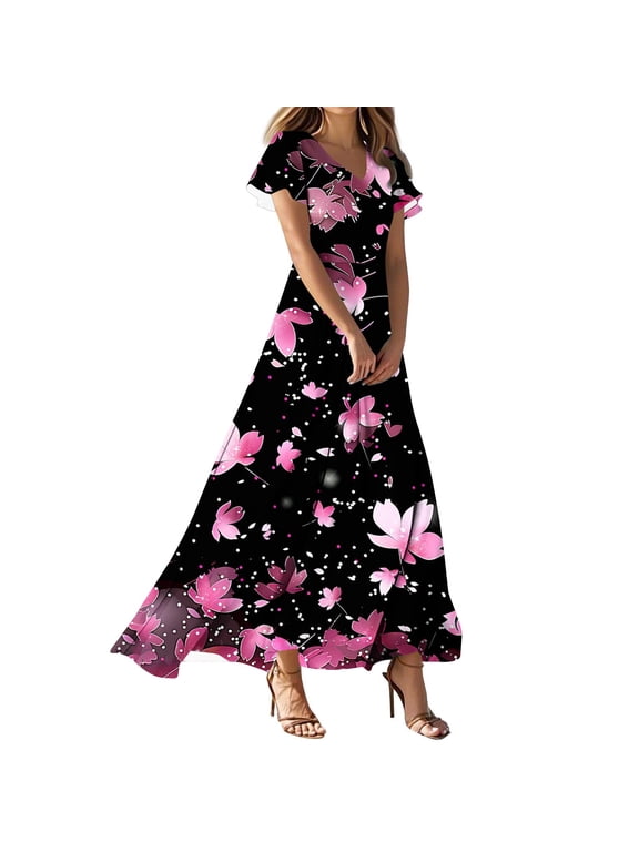 Womens V Neck Maxi Dress Graphic Short Sleeve High Waist A Line Flowy Dress Flowy Loose Fit Casual Beach Vacations Sundress,XXXL