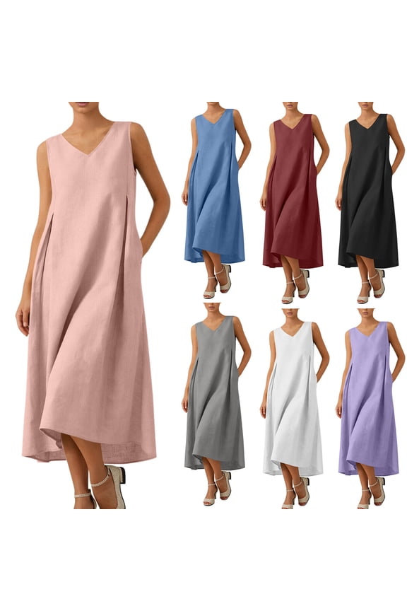 Womens V Neck Maxi Dress Sleeveless Casual Summer Dresses Pleated Tank Dress Boho Beach Dress Loose Comfy Dress with Pockets Purple Dress,L
