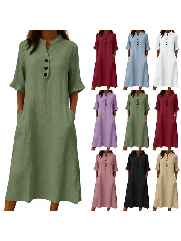 Womens V Neck Maxi Dress Solid Button Down Cotton Dress Short Sleeve Sundress Boho Beach Dresses Ruffle Hem Dress with Pockets Black,L