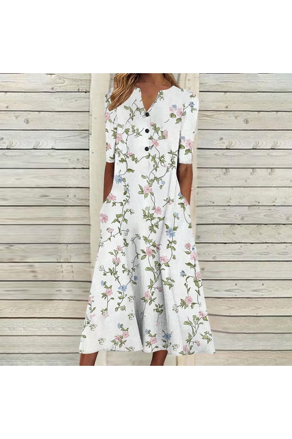 Womens V Neck Maxi Dress Solid Button Down Cotton Dress Short Sleeve Sundress Boho Beach Dresses Ruffle Hem Dress with Pockets White,L