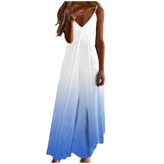 UPPADA Womens V Neck Plus Size Dress Floral Print Boho Sundress Casual Spaghetti Strap Maxi Dress Sleeveless Flowy Beach Dress Light Blue,S