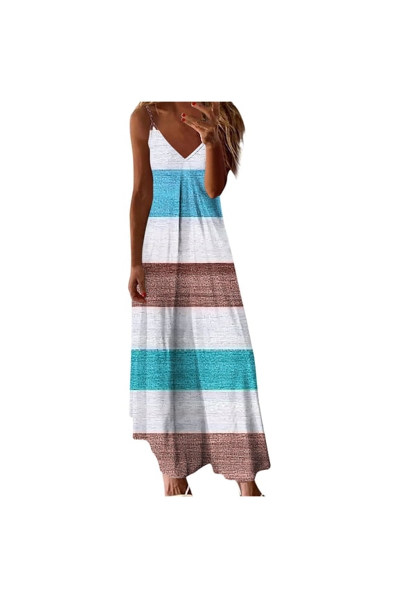 Womens V Neck Plus Size Dress Floral Print Boho Sundress Casual Spaghetti Strap Maxi Dress Sleeveless Flowy Beach Dress Womens Clothing Blue,M