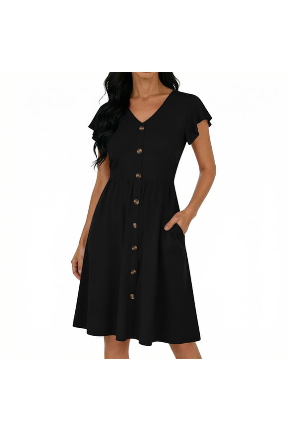 Womens V Neck Short Sleeve Dress Casual Button Down Sundress Flowy Ruffle Sleeve A Line Midi Dresses with Pockets Black,L