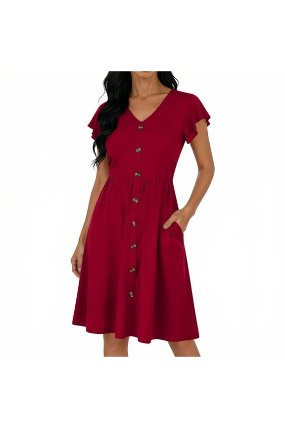 Womens V Neck Short Sleeve Dress Casual Button Down Sundress Flowy Ruffle Sleeve A Line Midi Dresses with Pockets Red,S