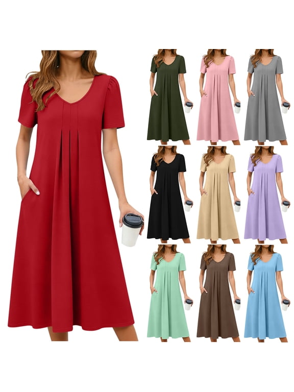 Womens V Neck Sundress Casual Summer Maxi Dress Trendy Wrap A Line Sundress Sleeveless Loose Fit Bright Dresses with Pockets Green Dress,L