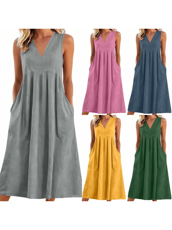 Womens V Neck Tank Dress Trendy Pleated Wrap Sundress Cotton Linen Sleeveless Maxi Dress Summer Beach Dresses with Pockets Green Dress,L