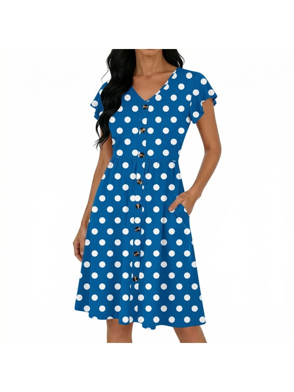 Womens Vintage Polka Dot Dress V Neck Button Down Midi Dress Casual Ruffle Sleeve A Line Sundress with Pockets Trendy Flowy Boho Dresses Blue,S