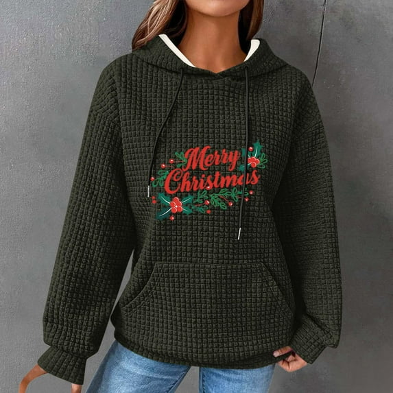 UPPADA Womens Waffle Sweatshirt Christmas Print Hooded Sweatshirts Hoodies Pullover Tops Casual Cute Christmas Patterned Vacation Tops with Pocket Women Hooded Sweatshirt Green,XXXL