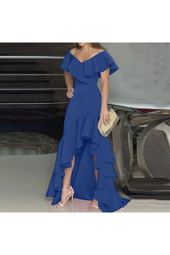 Womens Wedding Guest Gown Cocktail Formal Swing Dress High Waist Short Sleeve Dress One Shoulder Ruched Ruffle Hem Formal Evening Dress