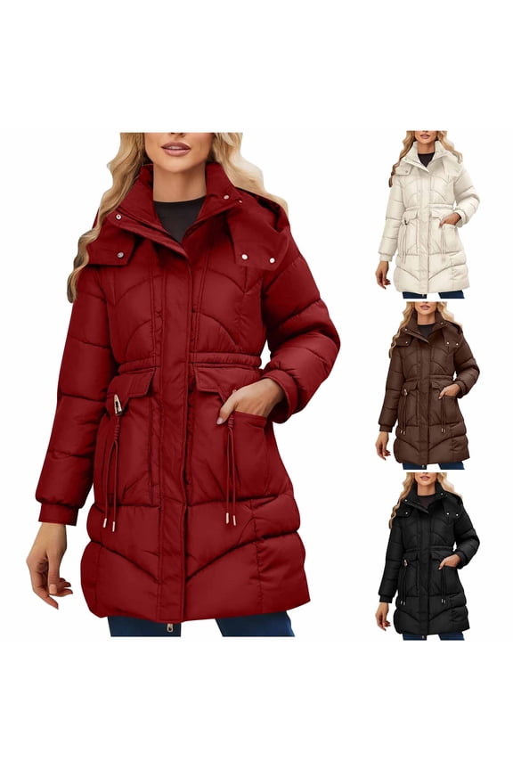 Womens Winter Coat Warm Thicken Quilted Puffer Jackets Lightweight Warm Outwear Fleece Lined Parka Full Zip Coat Overcoat with Hood,Puffer Jacket Coffee,XL