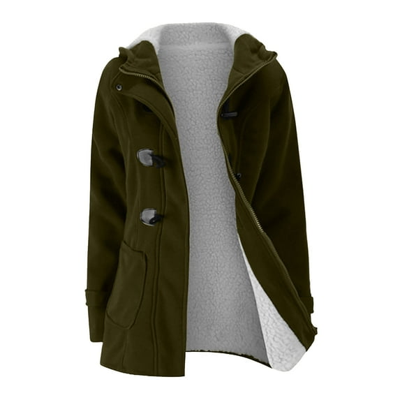 UPPADA Womens Winter Coats Plus Size Fleece Jackets Solid Color Horn Buttons Overcoats Warm Plush Hooded Jackets Outwear with Pocekts Clearance Winter Clothes for Women