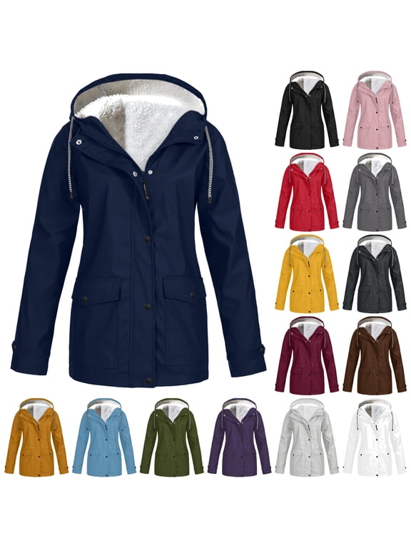 Womens Winter Coats Plus Size Fleece Jackets Solid Color Horn Buttons Overcoats Warm Plush Hooded Jackets Outwear with Pocekts Women Clothing Sale