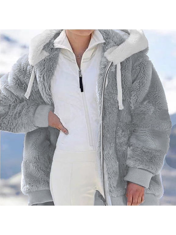 Womens Winter Coats Plus Size Hooded Jacket Coats Warm Loose Cold Weather Outwear Plush Zip Thicken Jackets Furry Lined Thermal Down Overcoats Light Jackets for Winter Coats Clearance