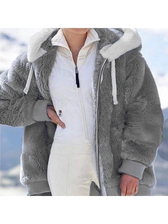 Womens Winter Coats Plus Size Hooded Jacket Coats Warm Loose Cold Weather Outwear Plush Zip Thicken Jackets Furry Lined Thermal Down Overcoats Winter Coats for Women Clearance Sale