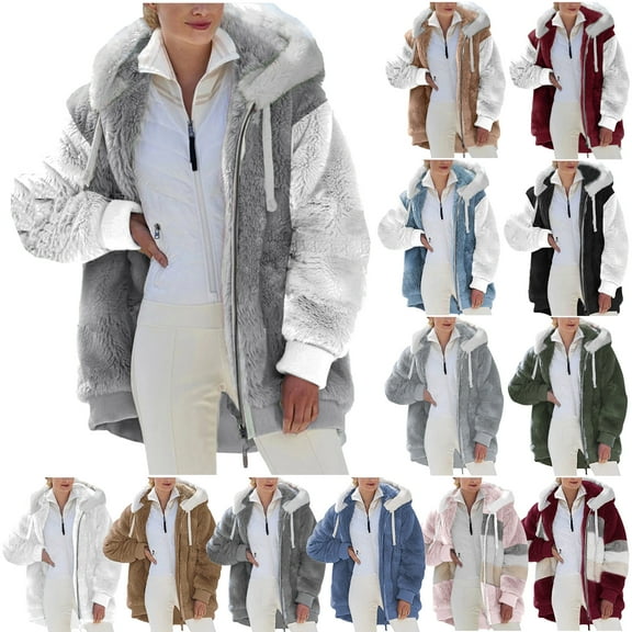 UPPADA Womens Winter Coats Plus Size Hooded Jacket Coats Warm Loose Cold Weather Outwear Plush Zip Thicken Jackets Furry Lined Thermal Down Overcoats Women'S Jackets Clearance Sale