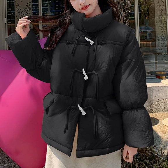 UPPADA Womens Winter Coats Quilted Jackets Casual Button Down Winter Long Sleeve Stand Neck Lightweight Warm Coat with Pockets Winter Heavy Trench Coat for Woman Black,M