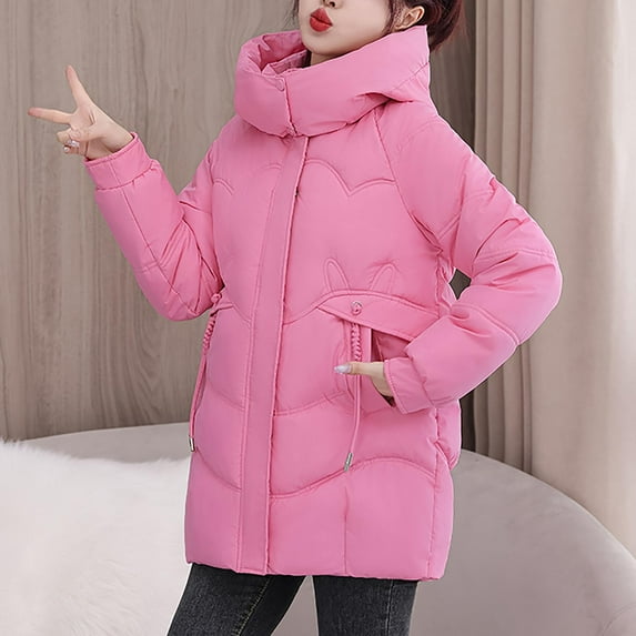 UPPADA Womens Winter Coats Quilted Jackets Casual Button Down Winter Long Sleeve Stand Neck Lightweight Warm Coat with Pockets Women Winter Coats & Jackets Hot Pink,M