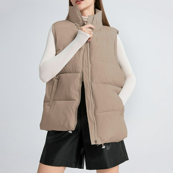 UPPADA Womens Winter Puffer Vest Sleeveless Zip up Quilted Coats Stand Collar Gilet Jacket with Pockets Womens Down Vests Outerwear Khaki,L