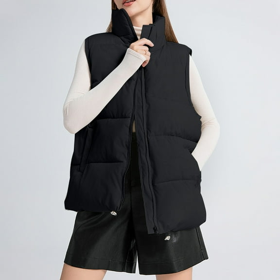 UPPADA Womens Winter Puffer Vest Sleeveless Zip up Quilted Coats Stand Collar Gilet Jacket with Pockets Womens Plus Size Long Ski Jackets Black,L